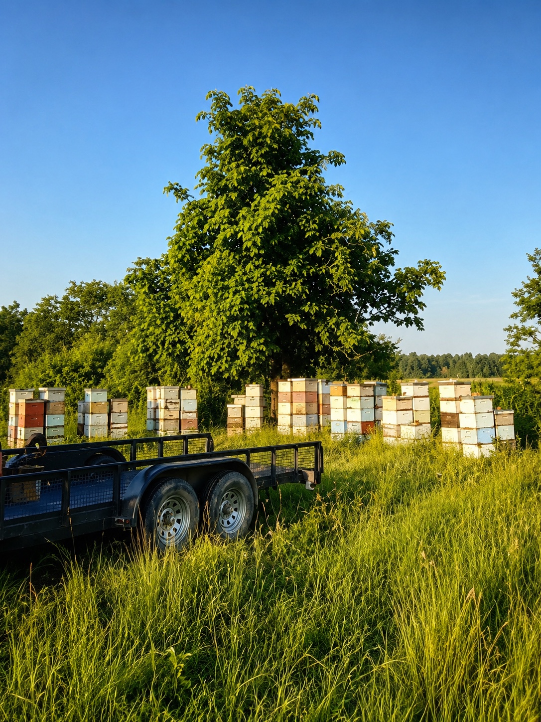 Bee hives under a large tree